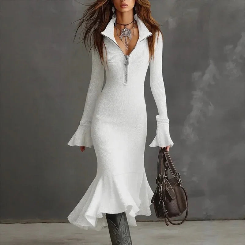 Evora Luxe™ Ribbed Knit Dress With Front Zipper and Mermaid Hem
