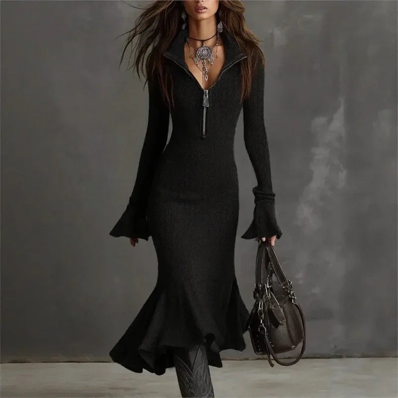 Evora Luxe™ Ribbed Knit Dress With Front Zipper and Mermaid Hem