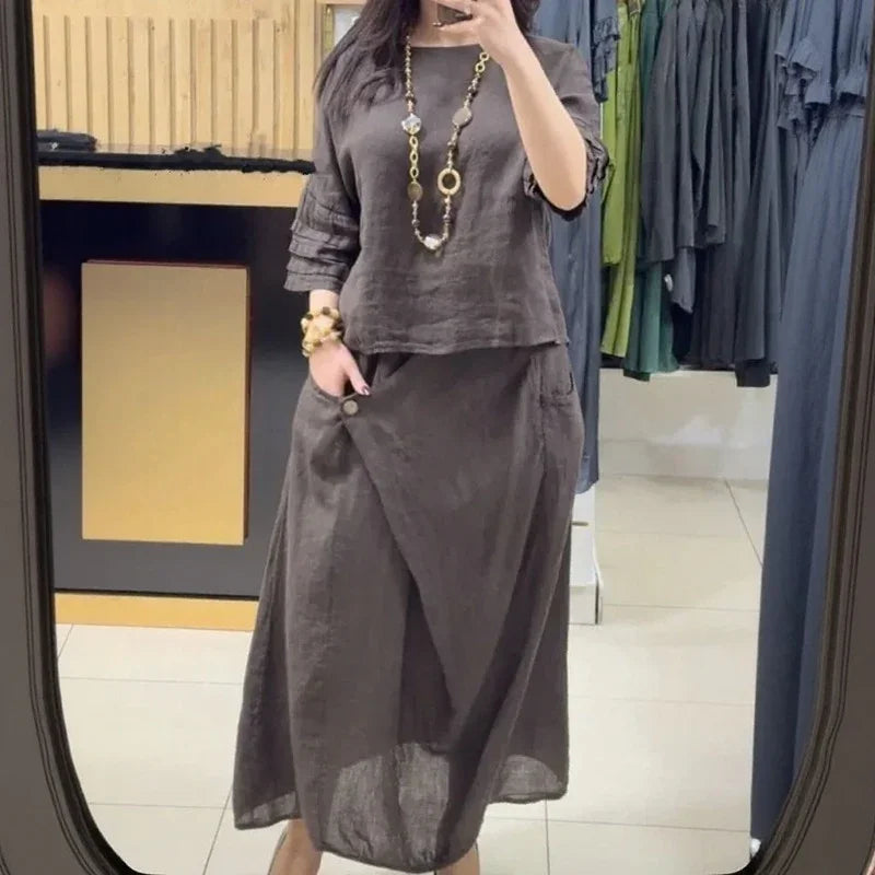 Bellarive™ Cotton Linen Set With Relaxed Blouse and Wrap Skirt