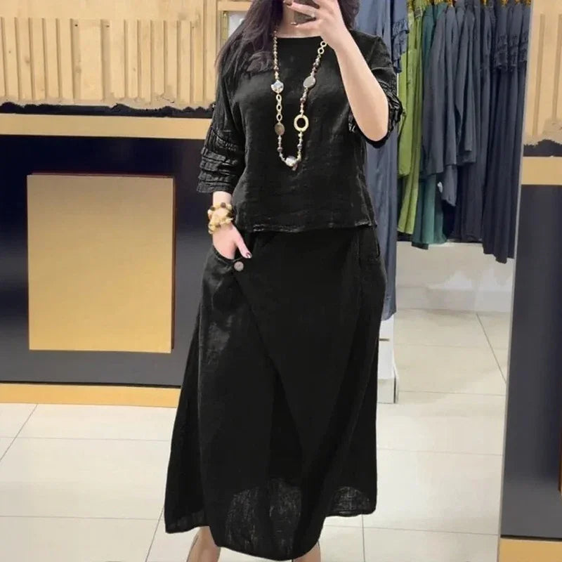 Bellarive™ Cotton Linen Set With Relaxed Blouse and Wrap Skirt