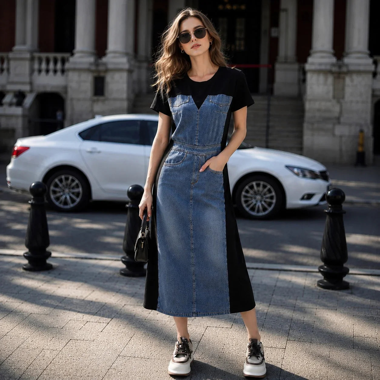 Alisse™ Denim Panel Dress with Modern Contrast Design