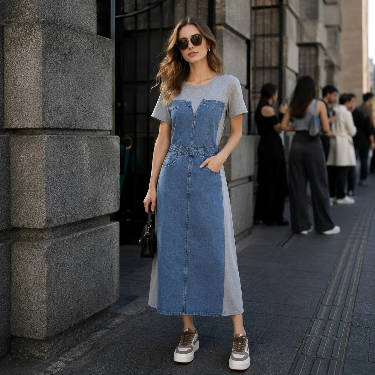 Alisse™ Denim Panel Dress with Modern Contrast Design