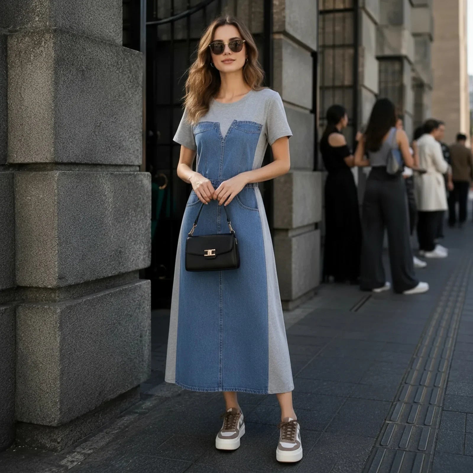 Alisse™ Denim Panel Dress with Modern Contrast Design