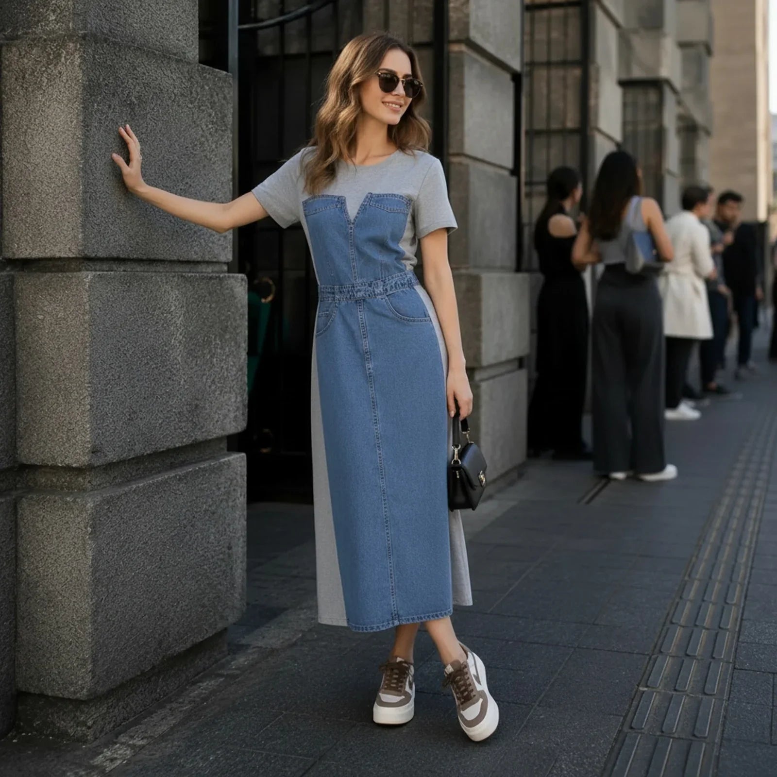Alisse™ Denim Panel Dress with Modern Contrast Design