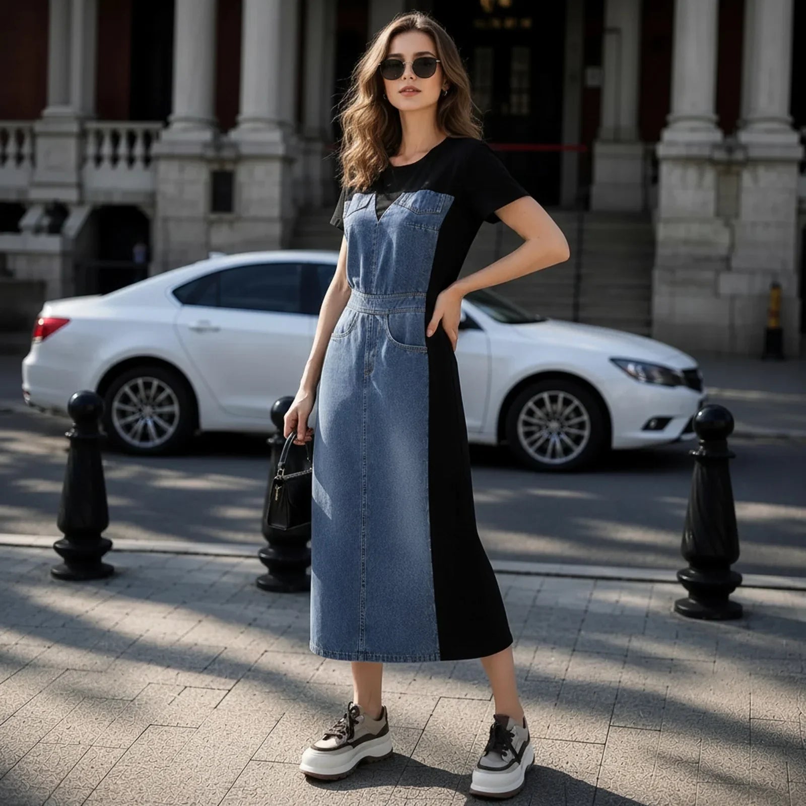 Alisse™ Denim Panel Dress with Modern Contrast Design