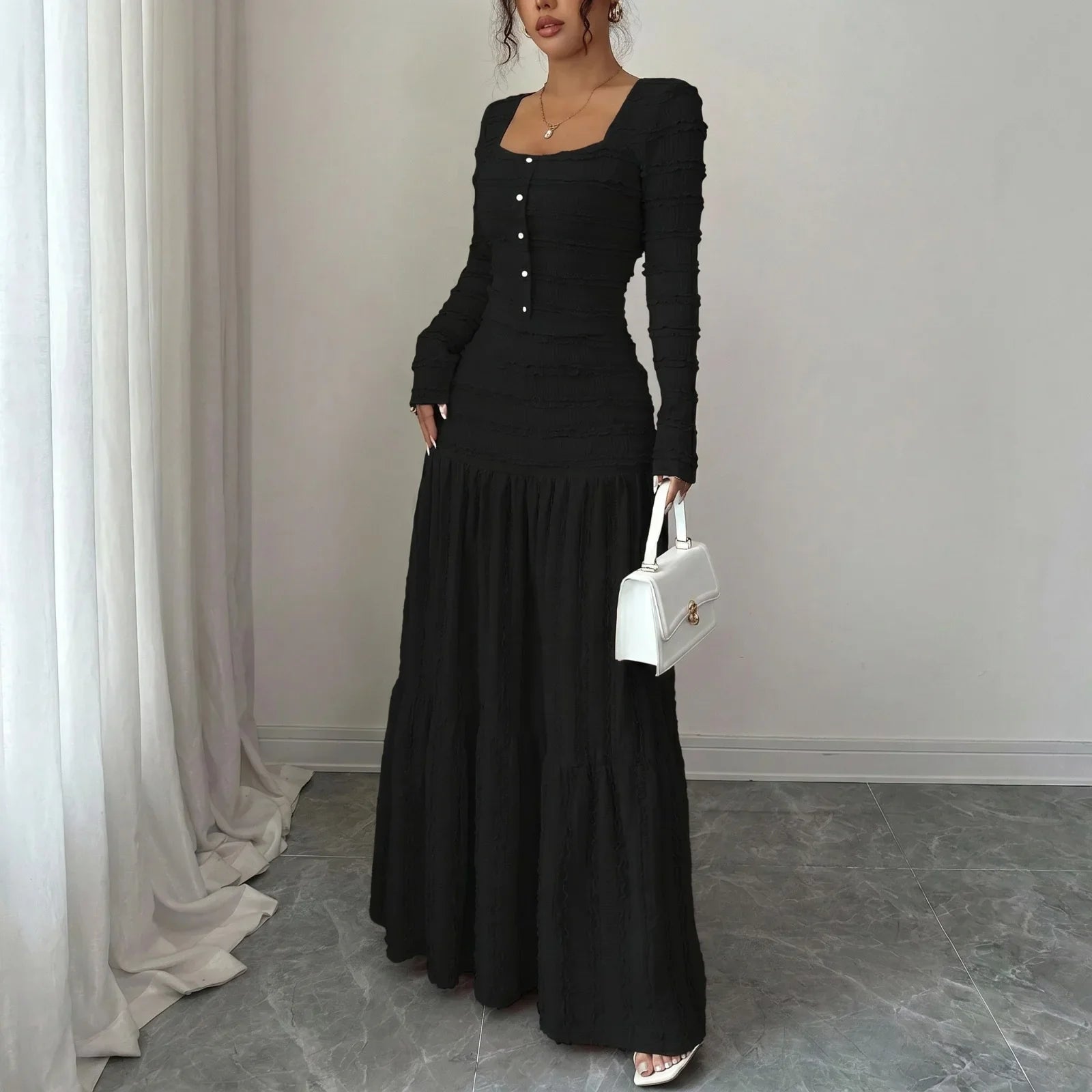 Ursula™ Long Dress in Pleated Knit with Front Button Closure