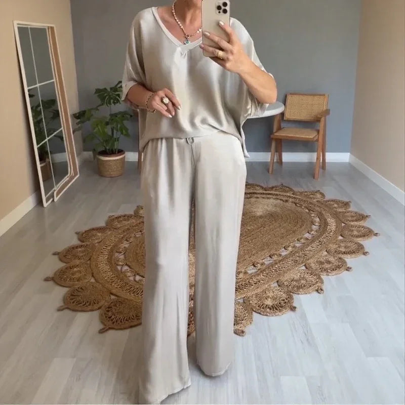 Marevielle™ Satin Set With Relaxed Blouse and Flowing Wide-Leg Pants
