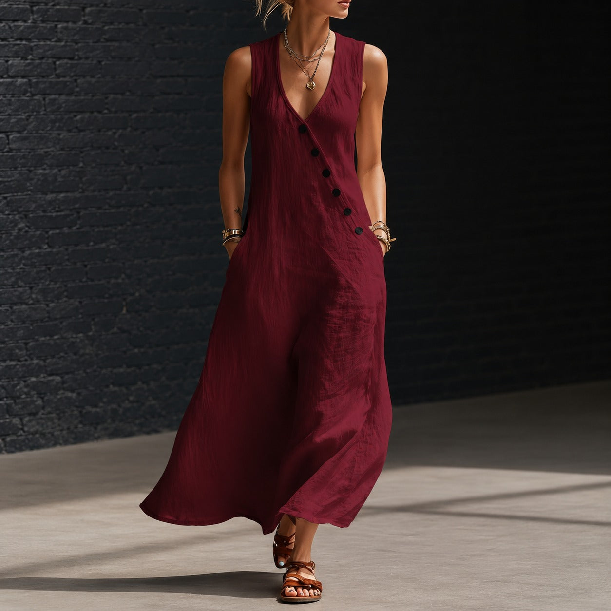 Antonella™ Midi Dress with Elegant Buttons and a V-Neckline