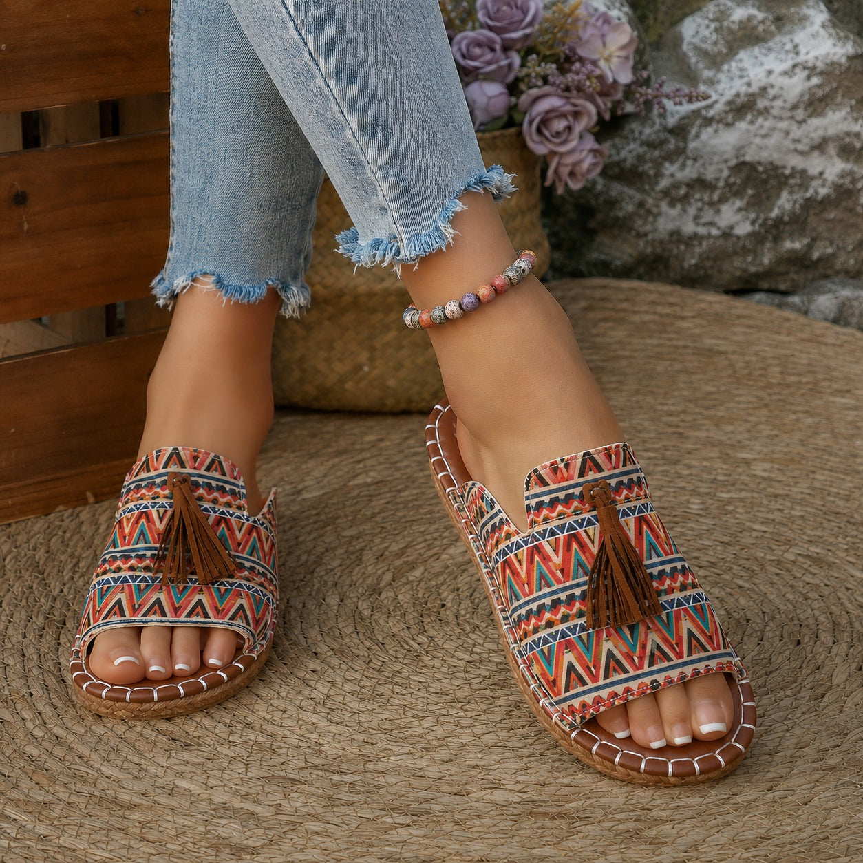 Marivelle™ Sandal With Ethnic Print And Decorative Tassels