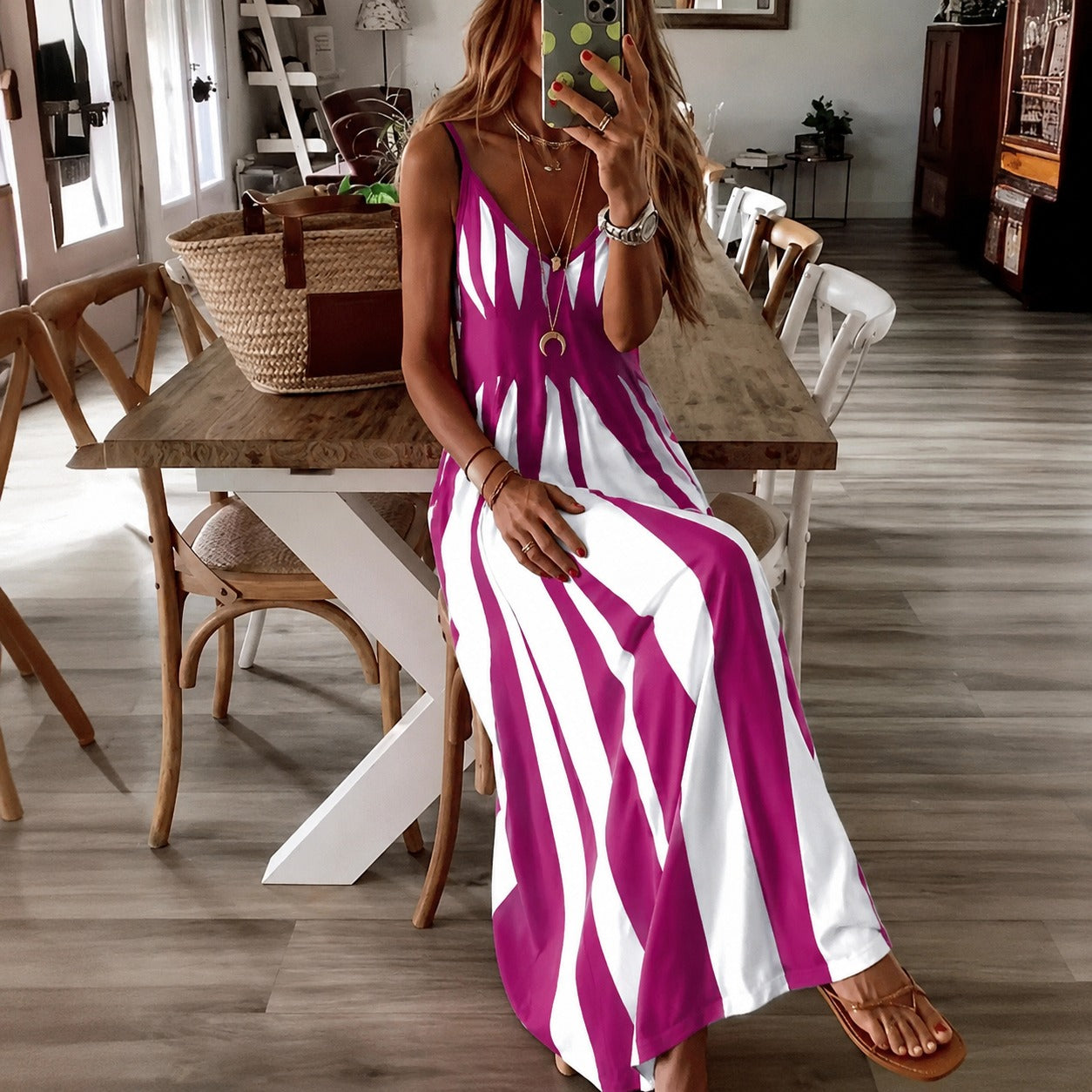 Calenna™ Dress With Vertical Stripes And V-Neckline