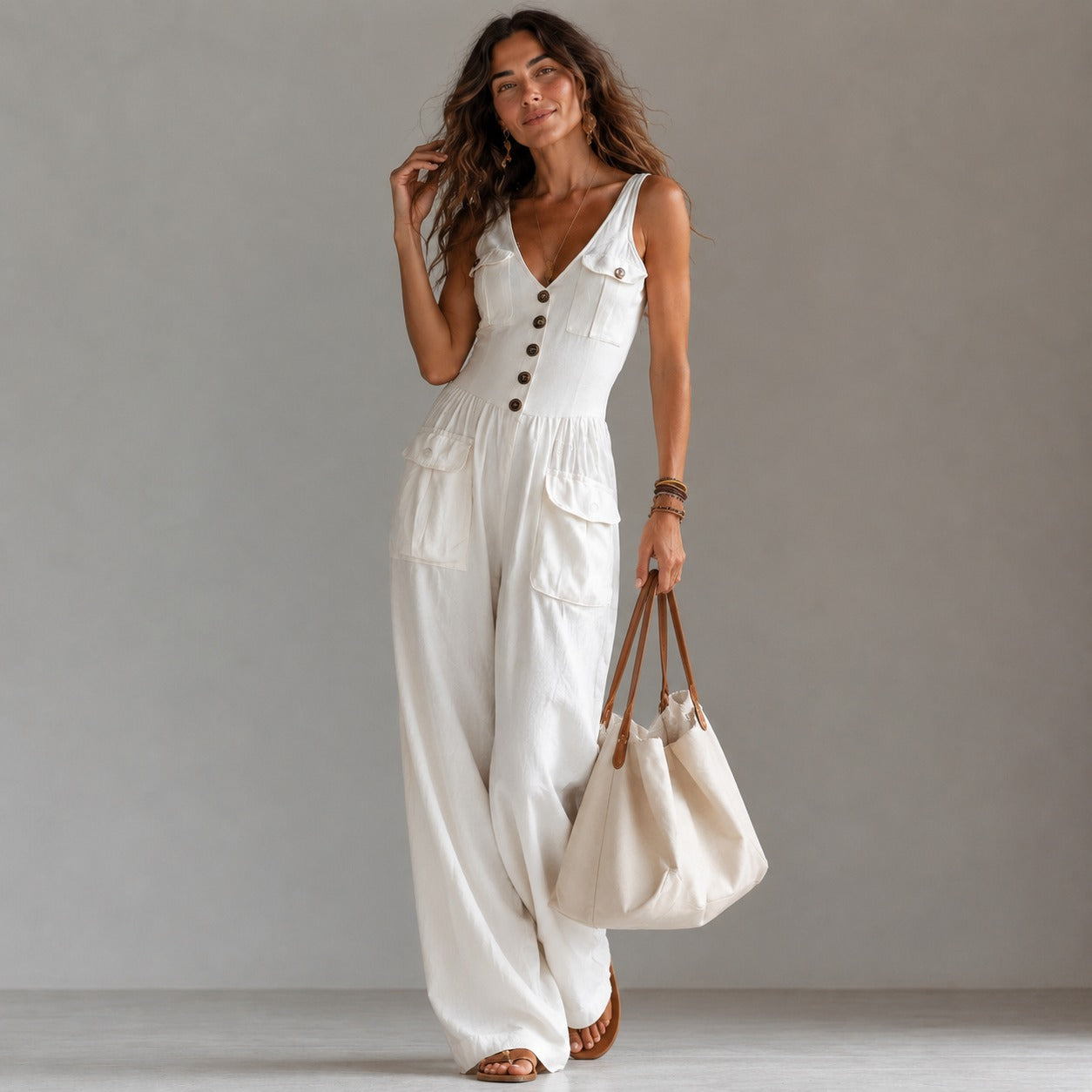 Jumpsuit Marvella™ with V-Neck, Front Buttons and Utility Pockets
