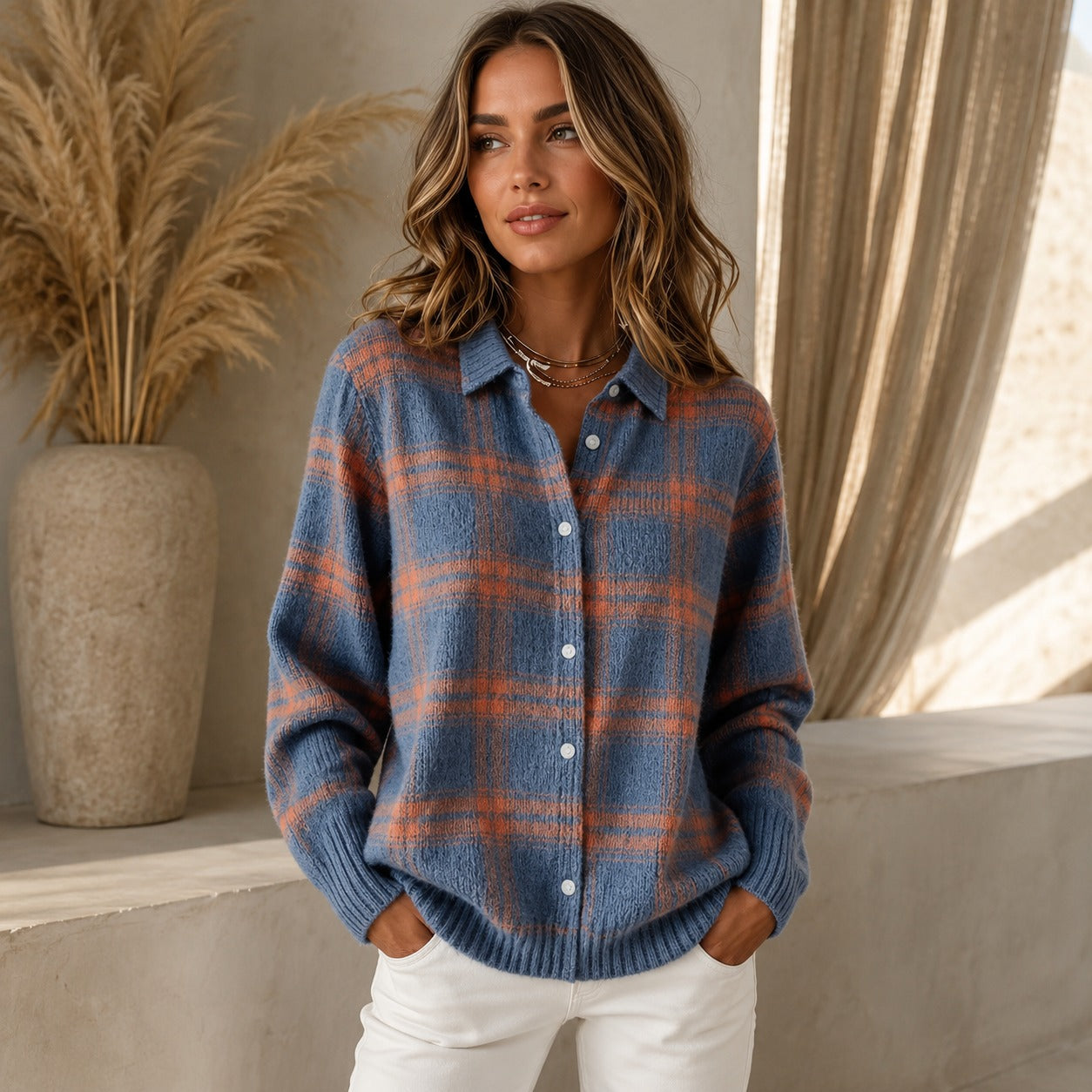 Saint Claire™ Premium Knit Cardigan with Plaid Pattern