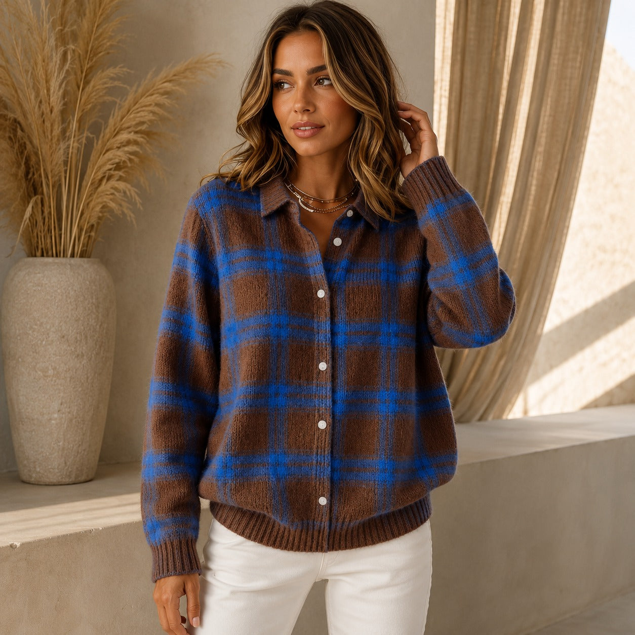 Saint Claire™ Premium Knit Cardigan with Plaid Pattern