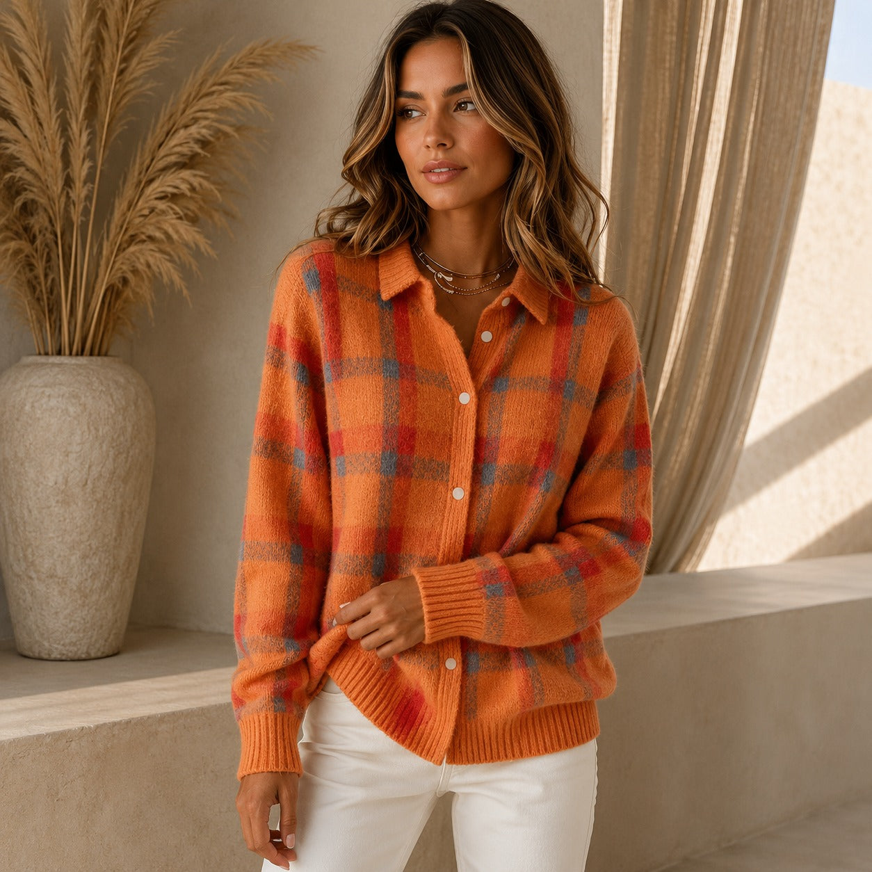 Saint Claire™ Premium Knit Cardigan with Plaid Pattern