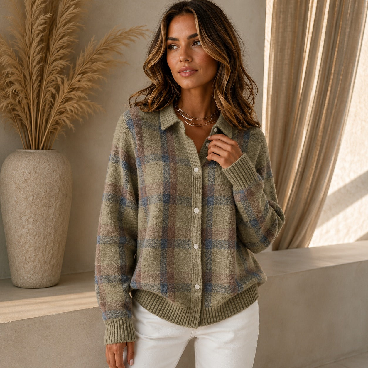 Saint Claire™ Premium Knit Cardigan with Plaid Pattern