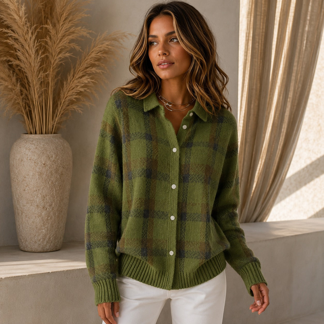 Saint Claire™ Premium Knit Cardigan with Plaid Pattern