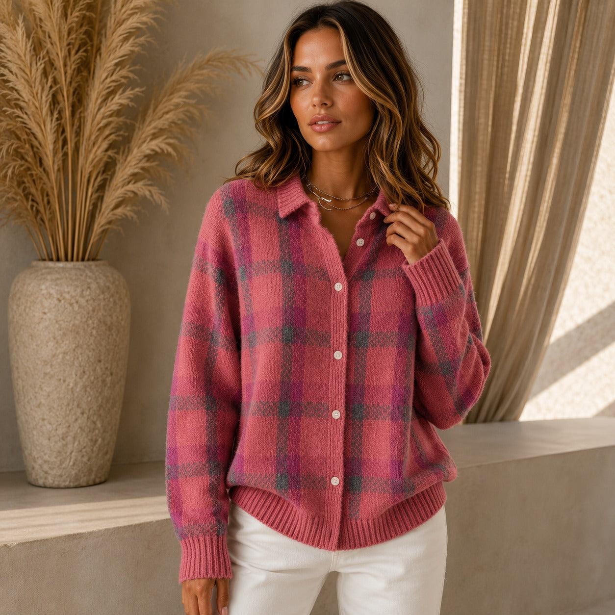 Saint Claire™ Premium Knit Cardigan with Plaid Pattern