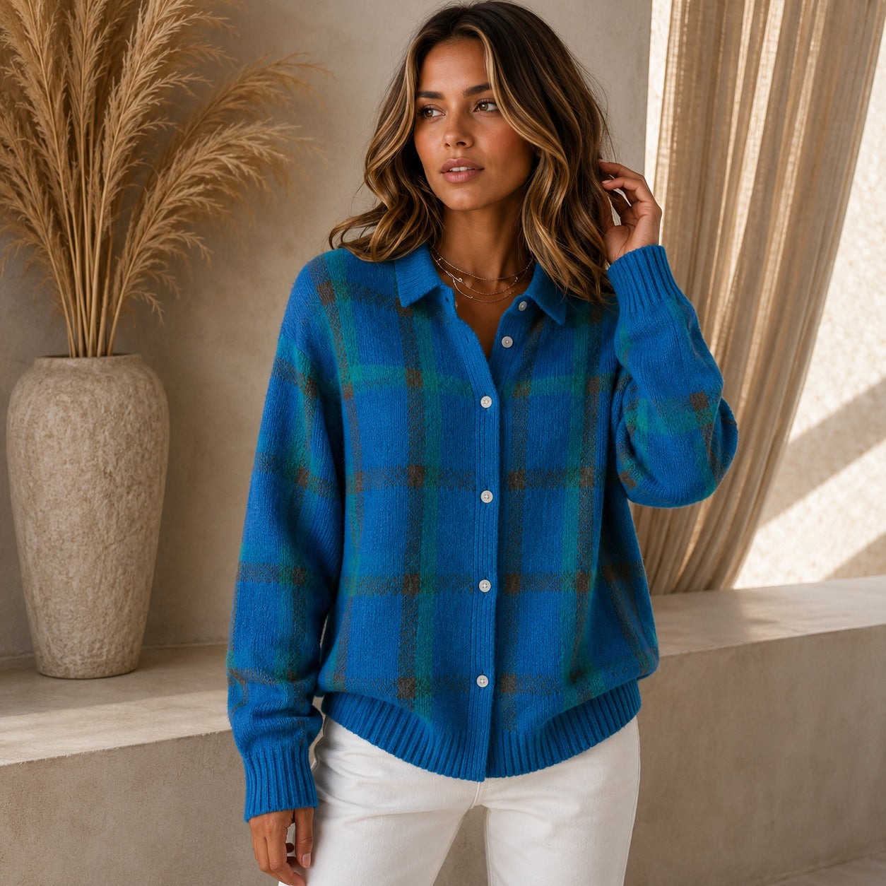Saint Claire™ Premium Knit Cardigan with Plaid Pattern