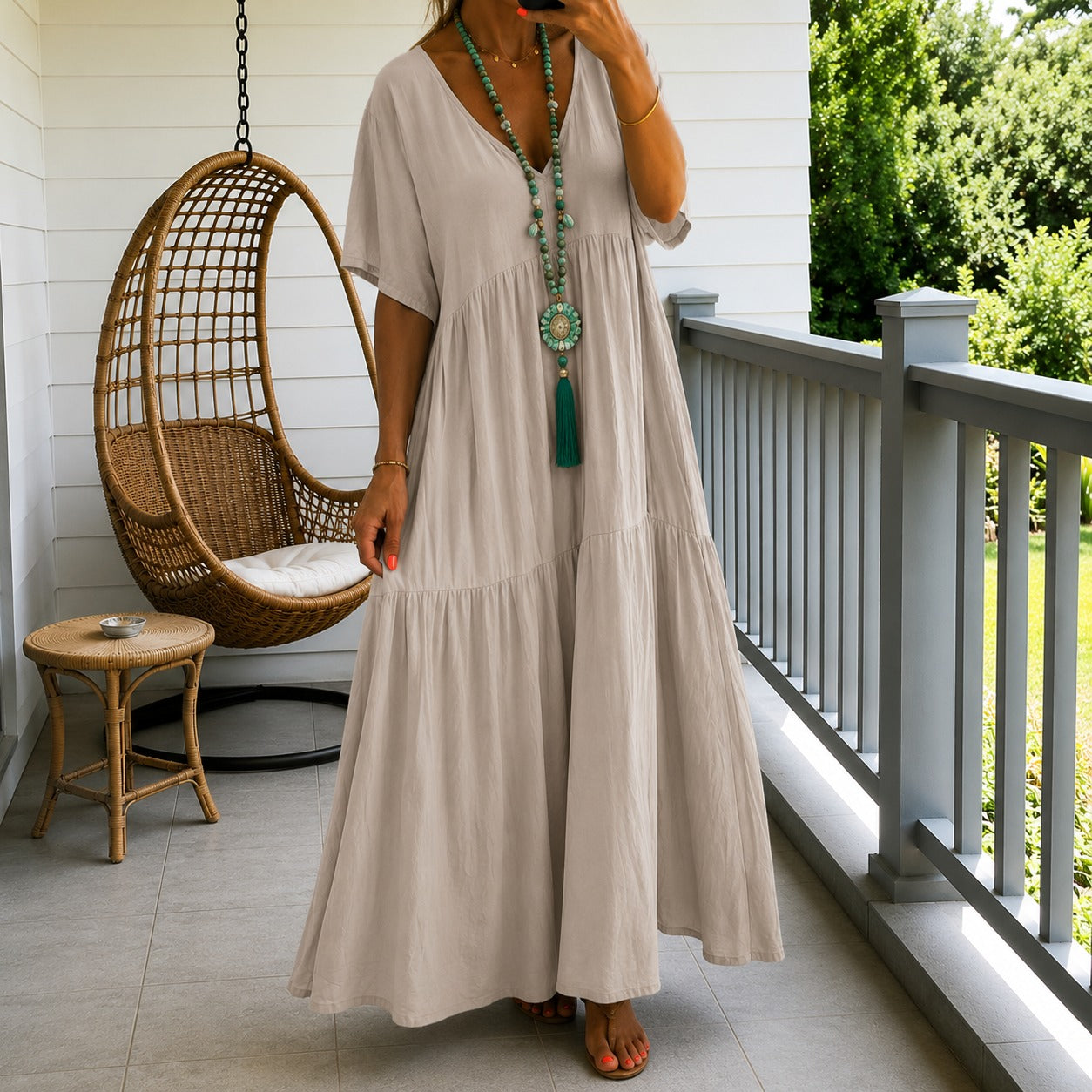 Liorenna™ Linen Cotton Dress With Relaxed Fit And V-Neck