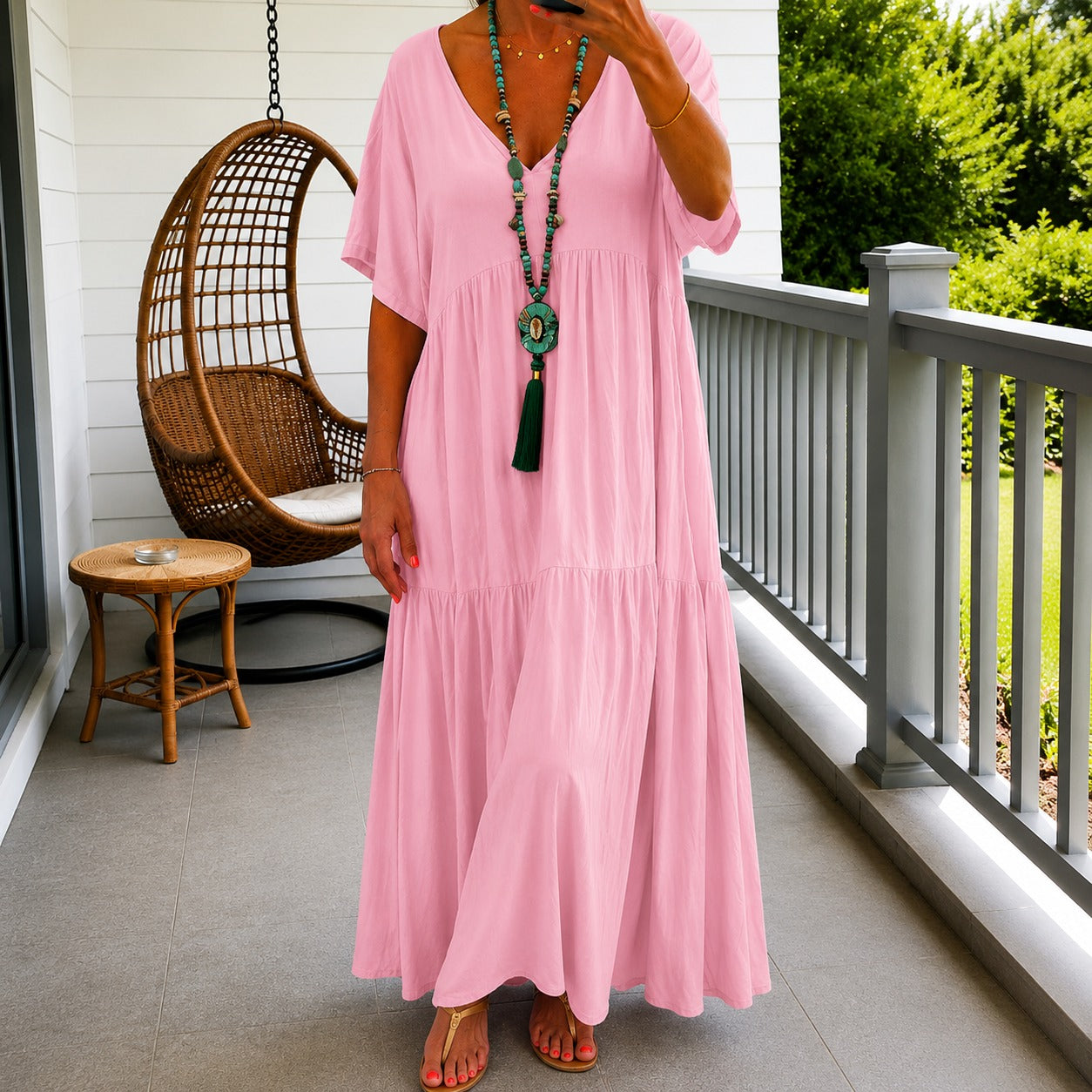 Liorenna™ Linen Cotton Dress With Relaxed Fit And V-Neck