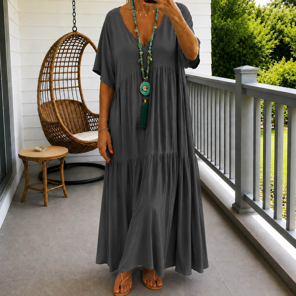 Liorenna™ Linen Cotton Dress With Relaxed Fit And V-Neck