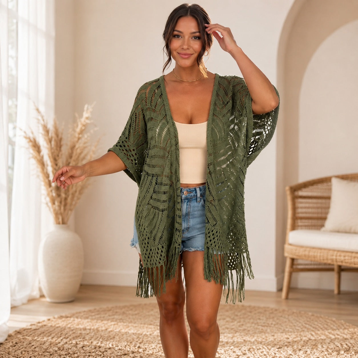 Calivie™ Open-Knit Cardigan With Fringe Details And Artisanal Weave