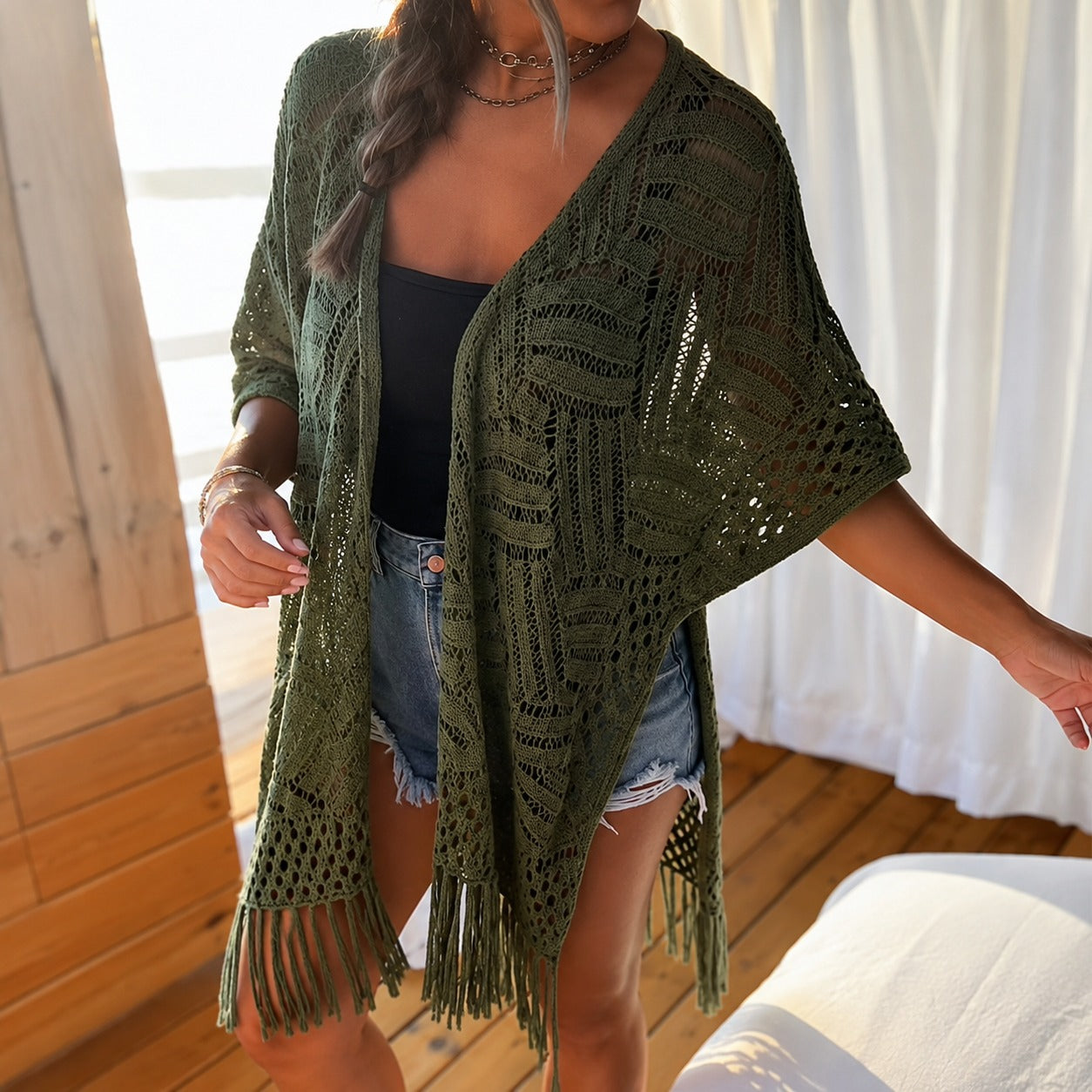 Calivie™ Open-Knit Cardigan With Fringe Details And Artisanal Weave