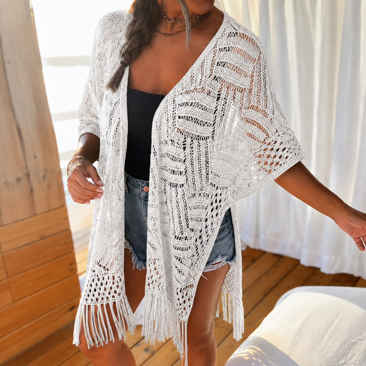Calivie™ Open-Knit Cardigan With Fringe Details And Artisanal Weave