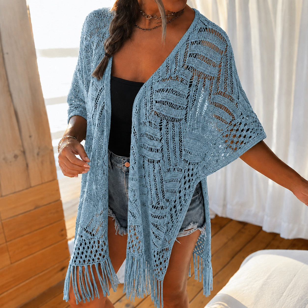 Calivie™ Open-Knit Cardigan With Fringe Details And Artisanal Weave