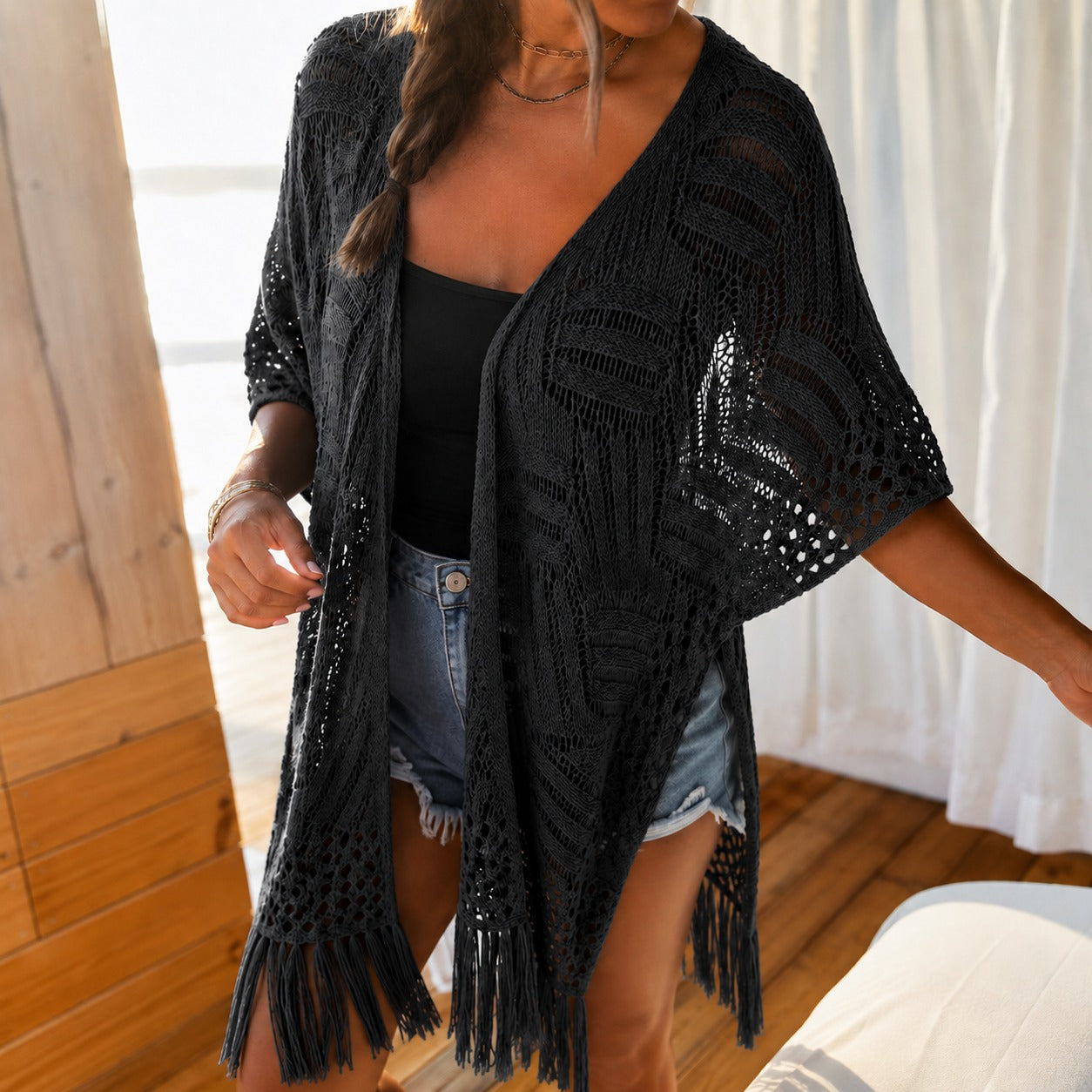 Calivie™ Open-Knit Cardigan With Fringe Details And Artisanal Weave