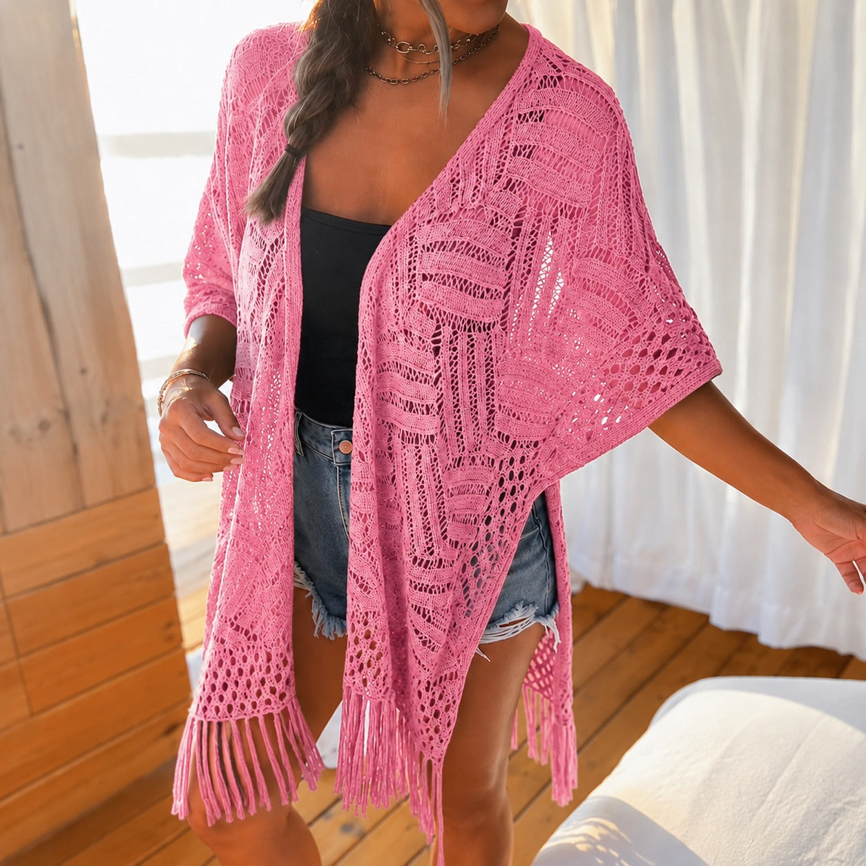 Calivie™ Open-Knit Cardigan With Fringe Details And Artisanal Weave