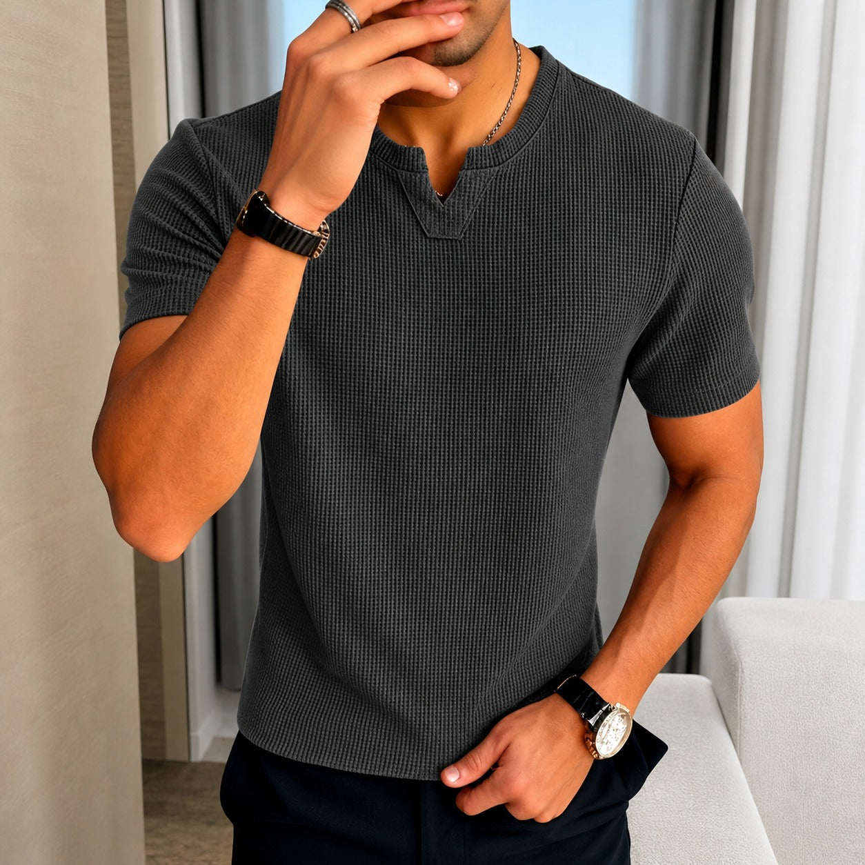Matthew™ T-Shirt  in Textured Cotton Knit with Old Money Style