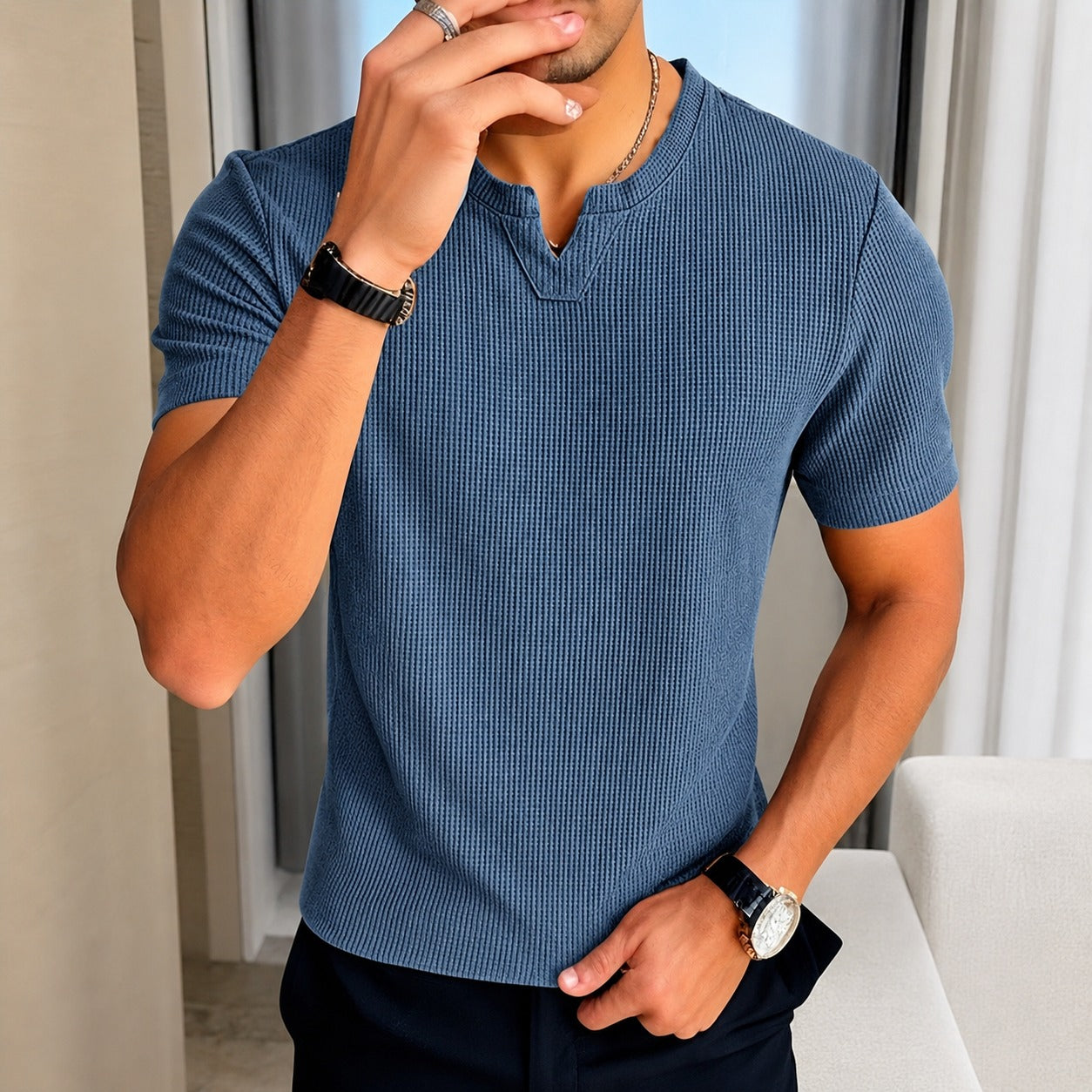 Matthew™ T-Shirt  in Textured Cotton Knit with Old Money Style