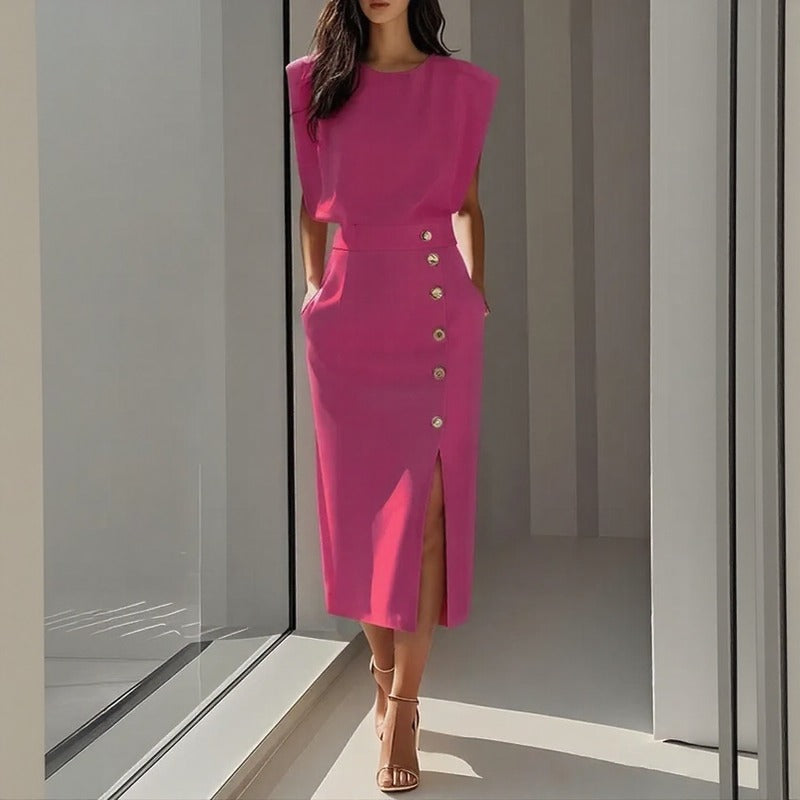 Maelle™ Midi Dress With Structured Shoulders, Side Buttons And Front Slit