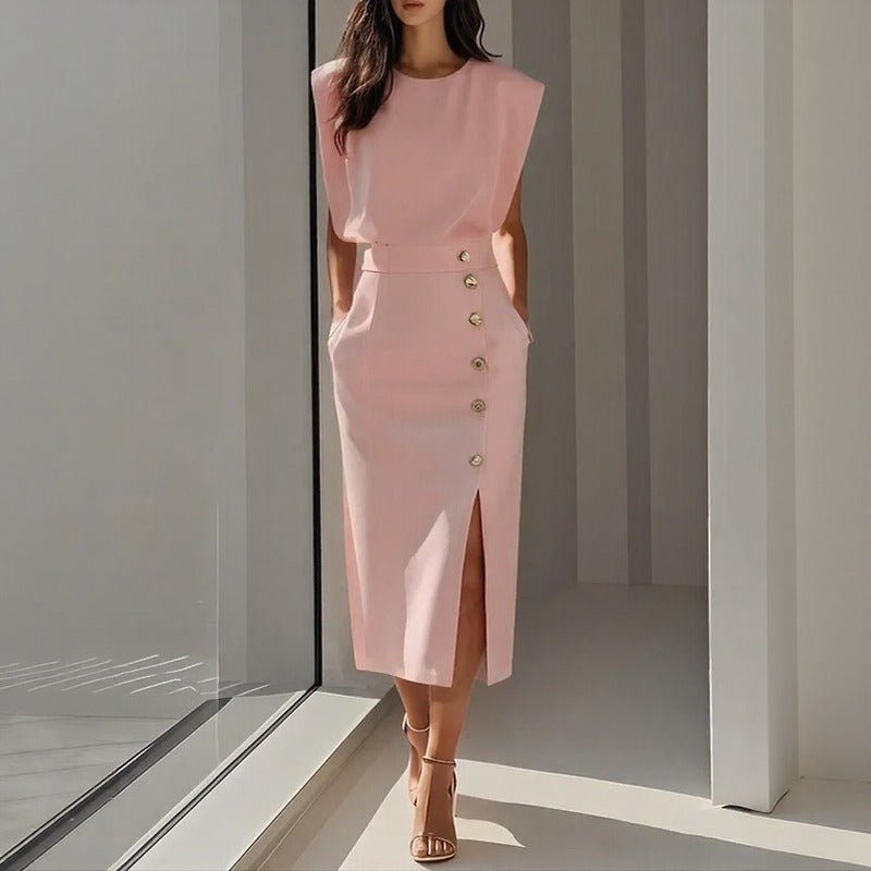 Maelle™ Midi Dress With Structured Shoulders, Side Buttons And Front Slit