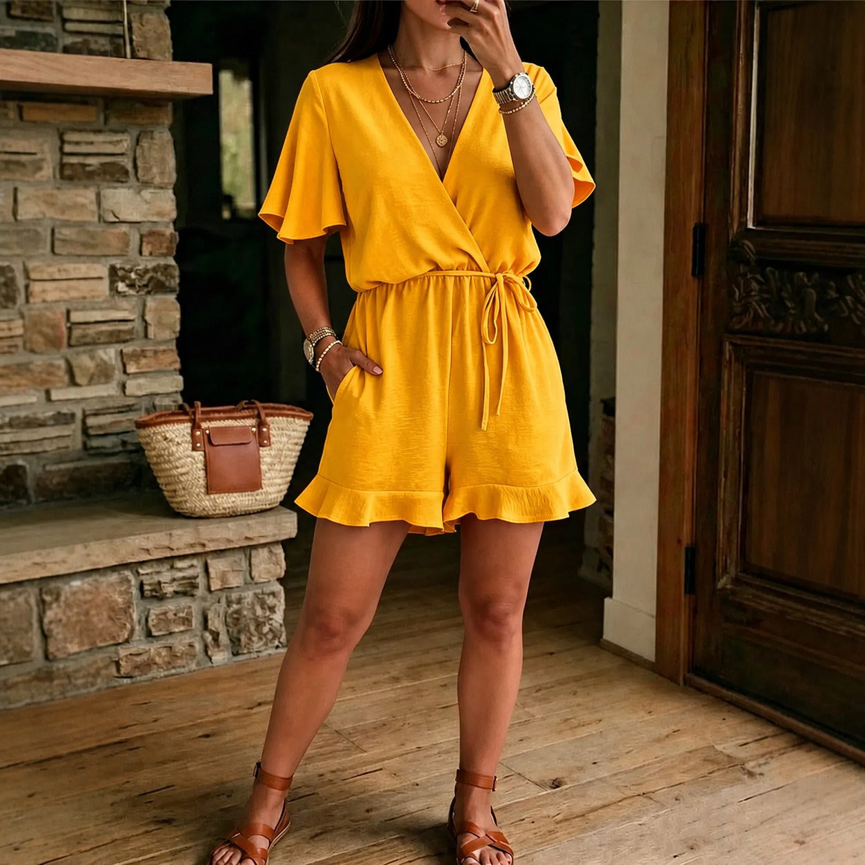 Romper Avielle™ with a Wrap V-Neck, Waist Tie and Ruffled Hem