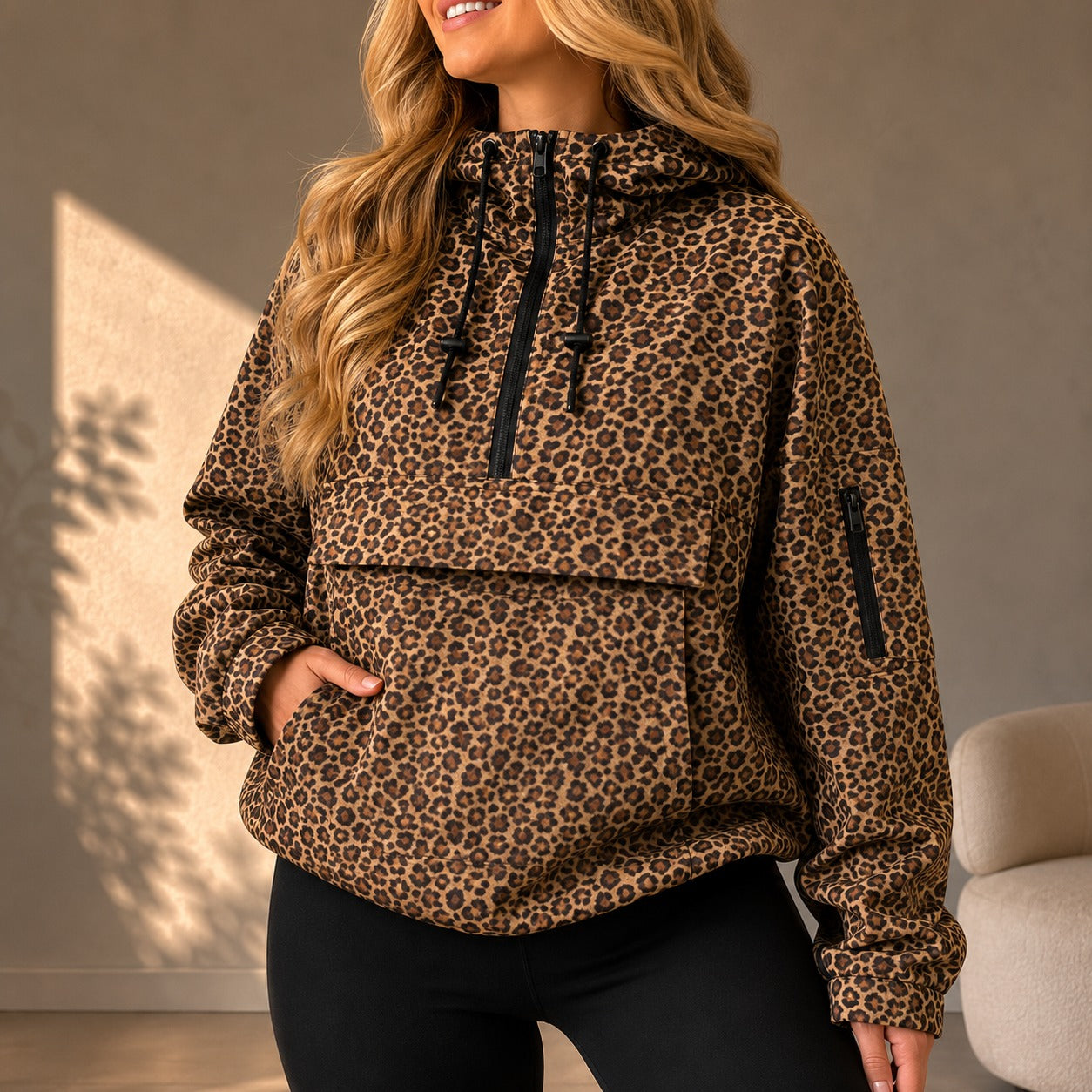 Jacket Leonaa™ with Hood, Half-Zip Front and Kangaroo Pocket