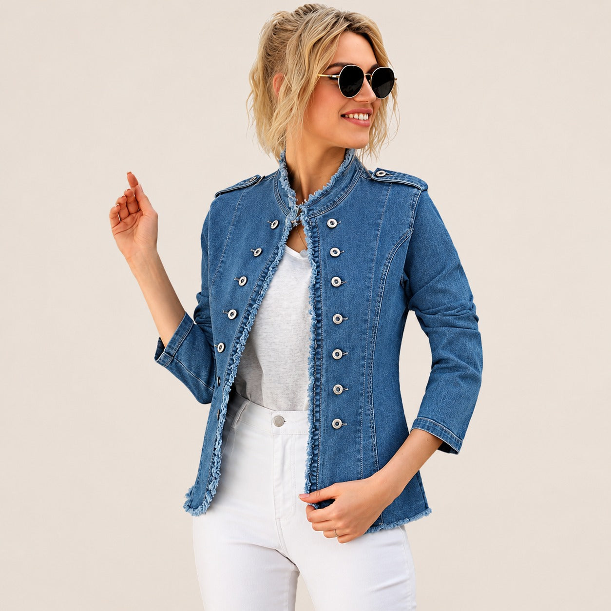 Denim Jacket Lorenna™ with Military Buttons and Frayed Trim
