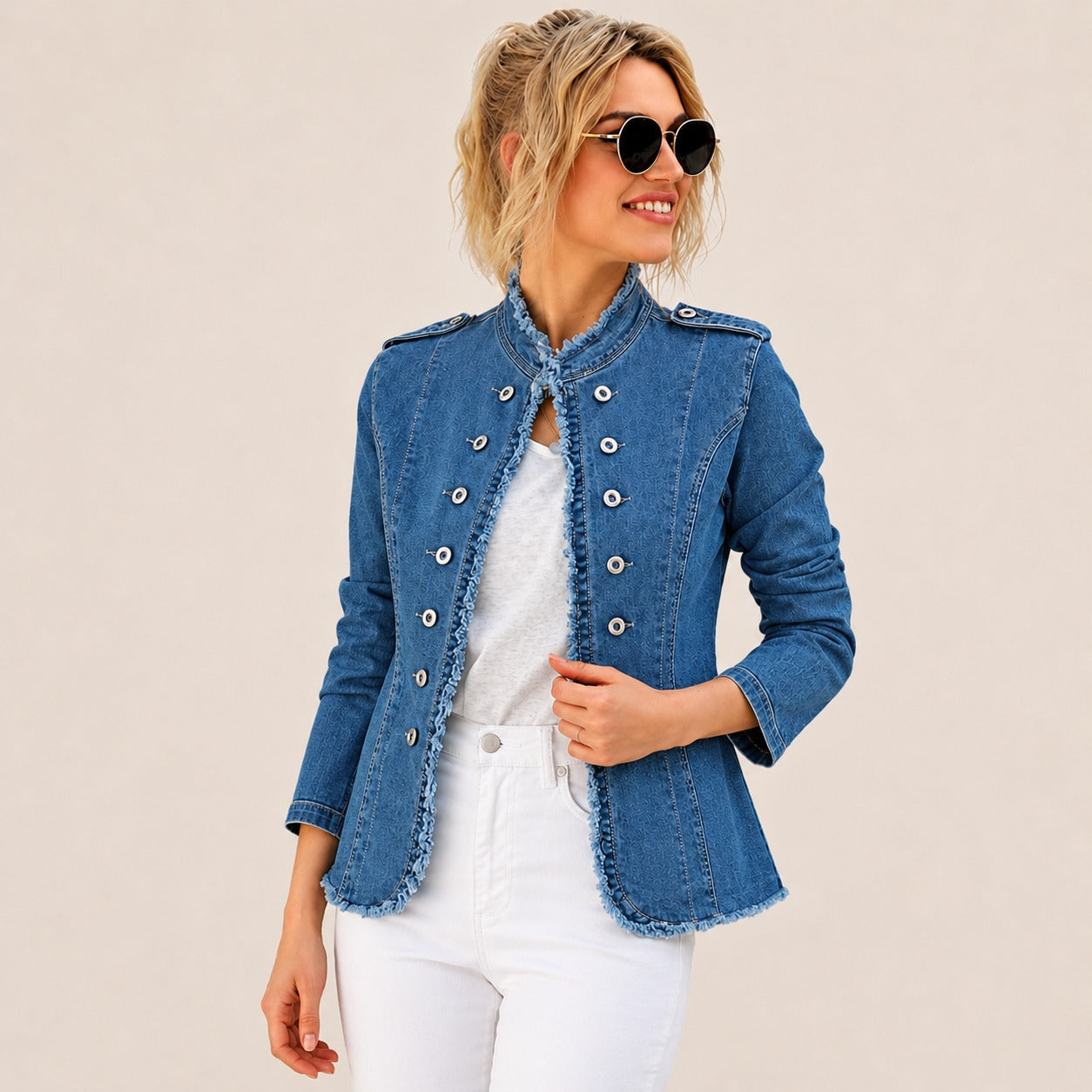 Denim Jacket Lorenna™ with Military Buttons and Frayed Trim
