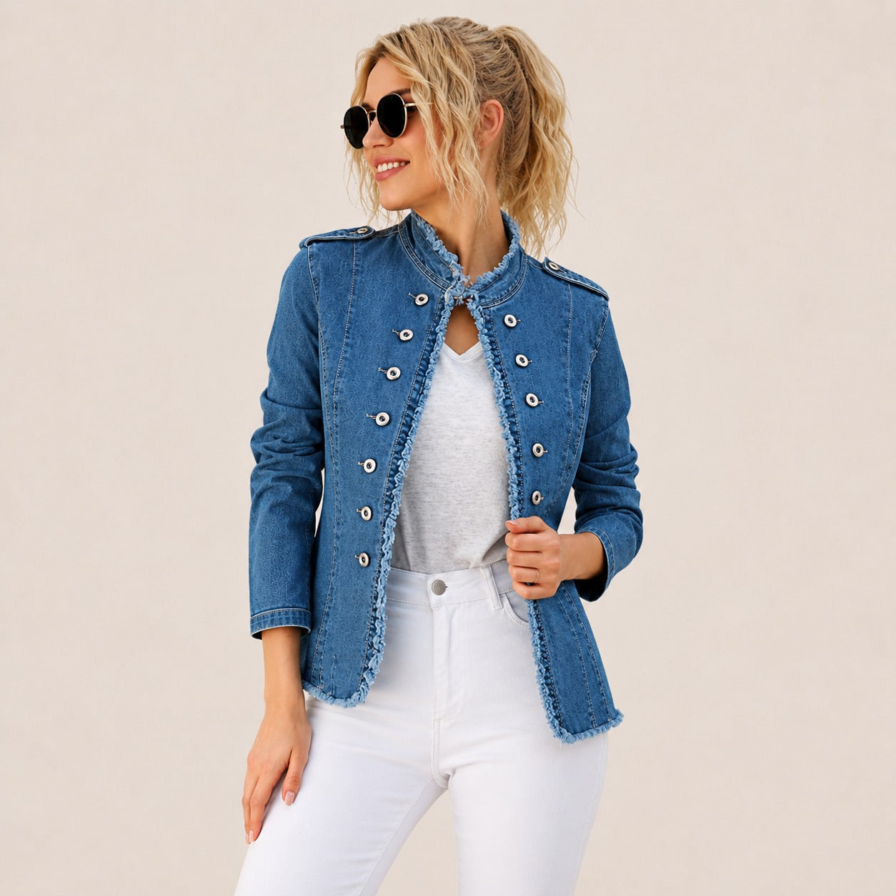 Denim Jacket Lorenna™ with Military Buttons and Frayed Trim