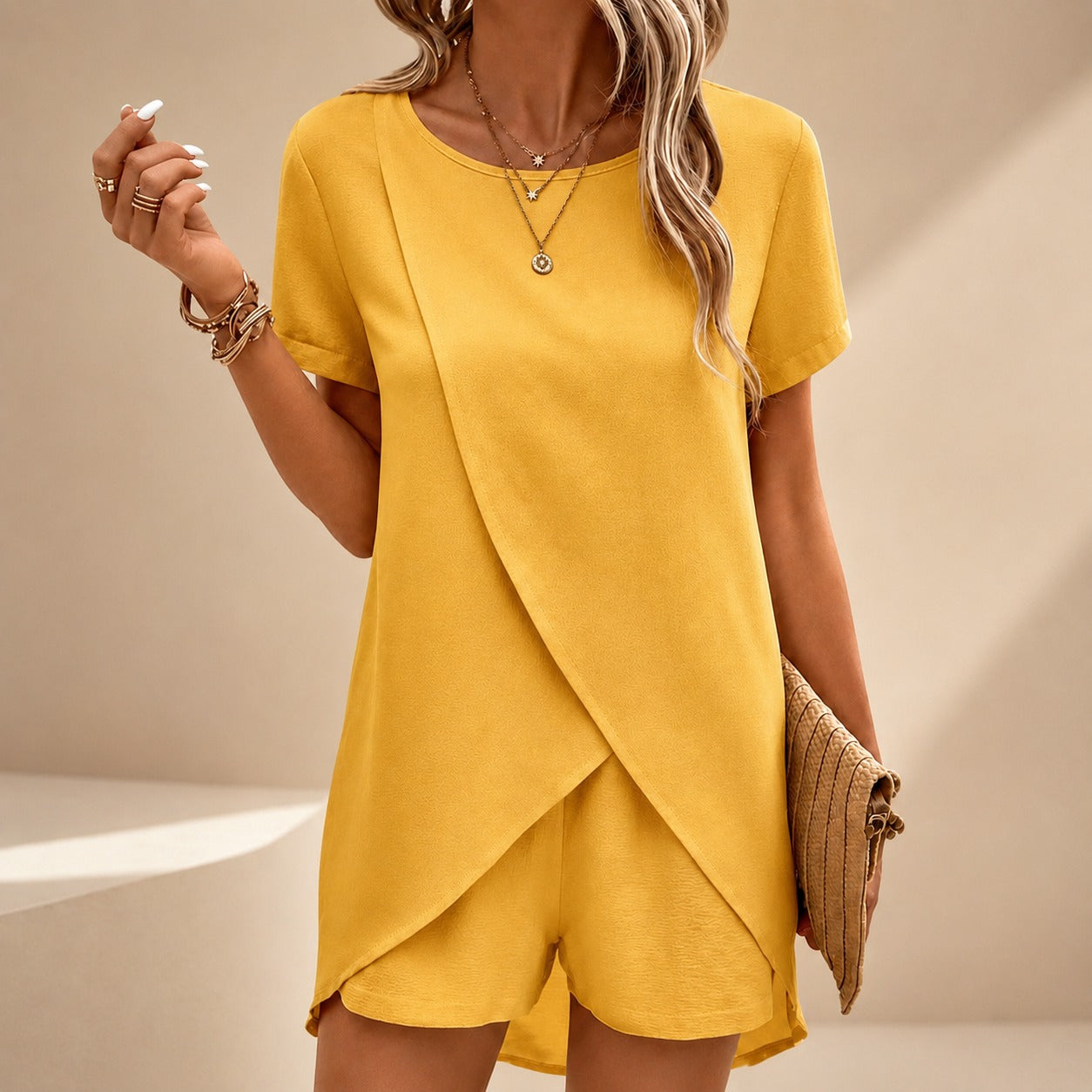 Two-Piece Set Celinna™ with Overlap Top and Flowy Shorts