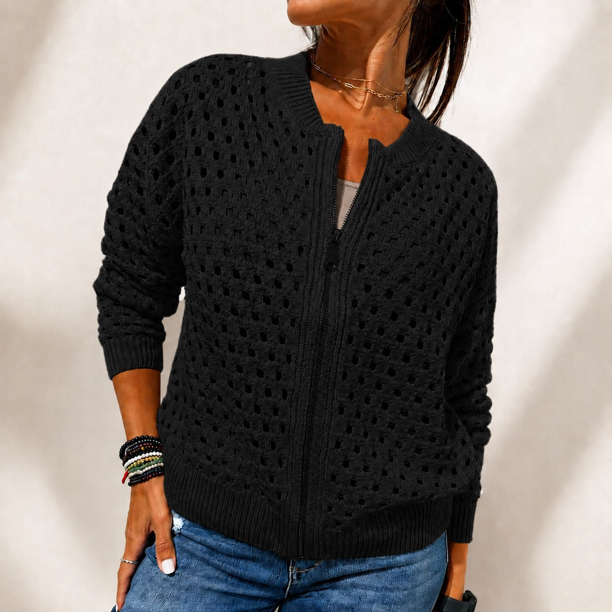 Nivara™ Open-Knit Jacket With Front Zipper