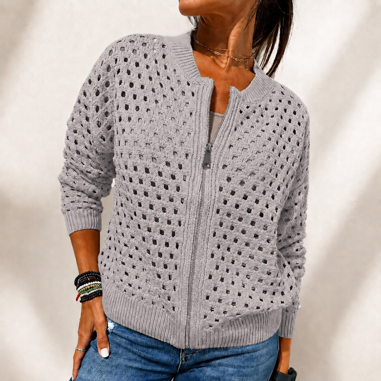 Nivara™ Open-Knit Jacket With Front Zipper