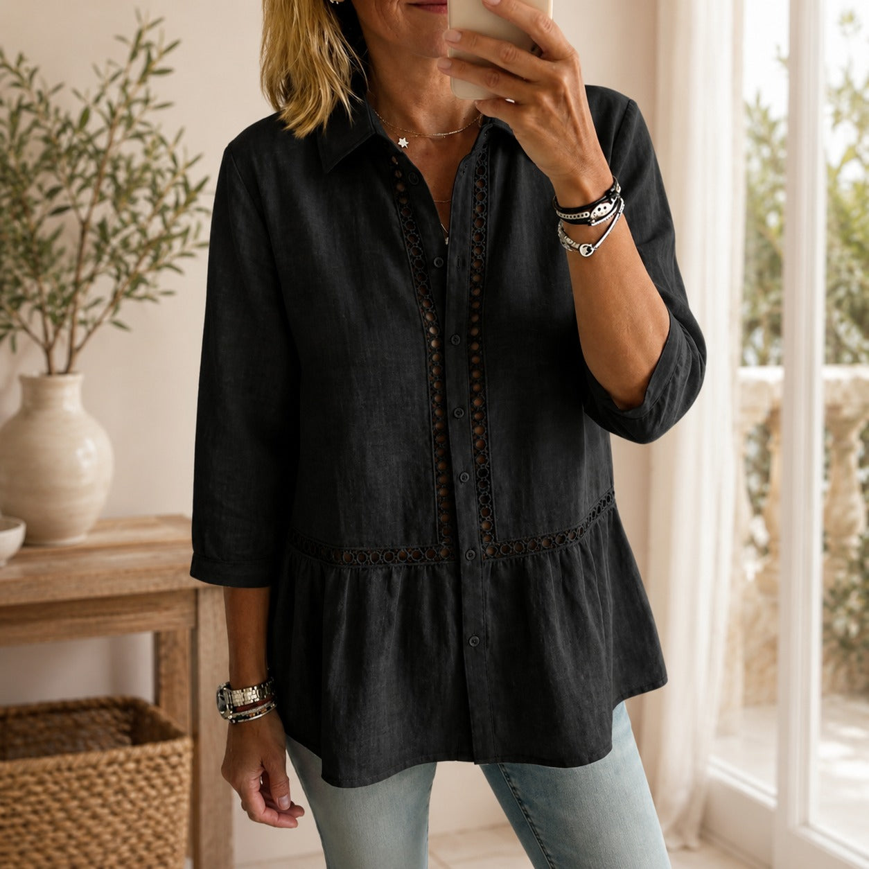 Fiorelly™ Classic-Collar Shirt With Cutout Details And Wide Hem
