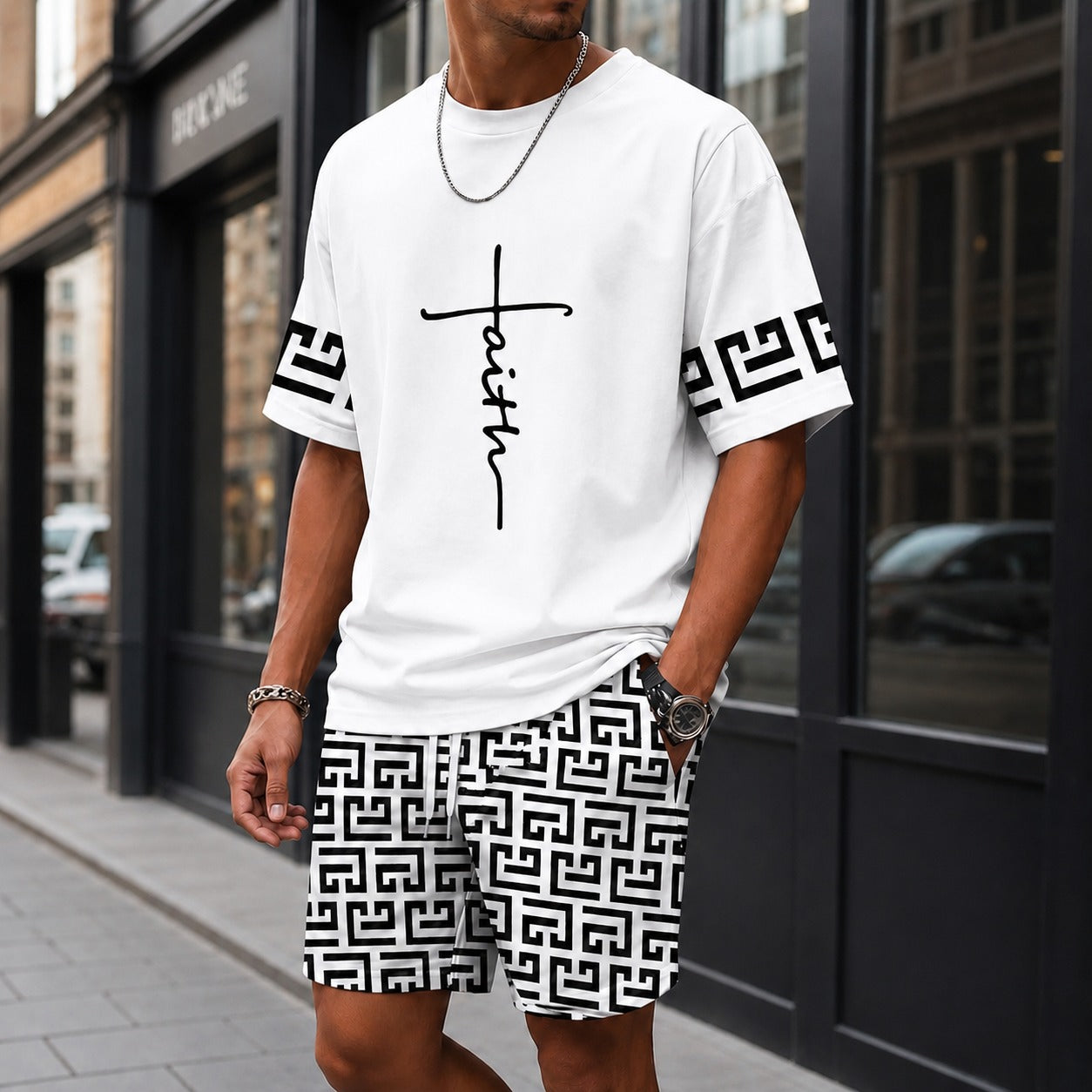 Set Lucento™ with Oversized T-Shirt and Geometric Drawstring Shorts / Bold streetwear with effortless confidence.