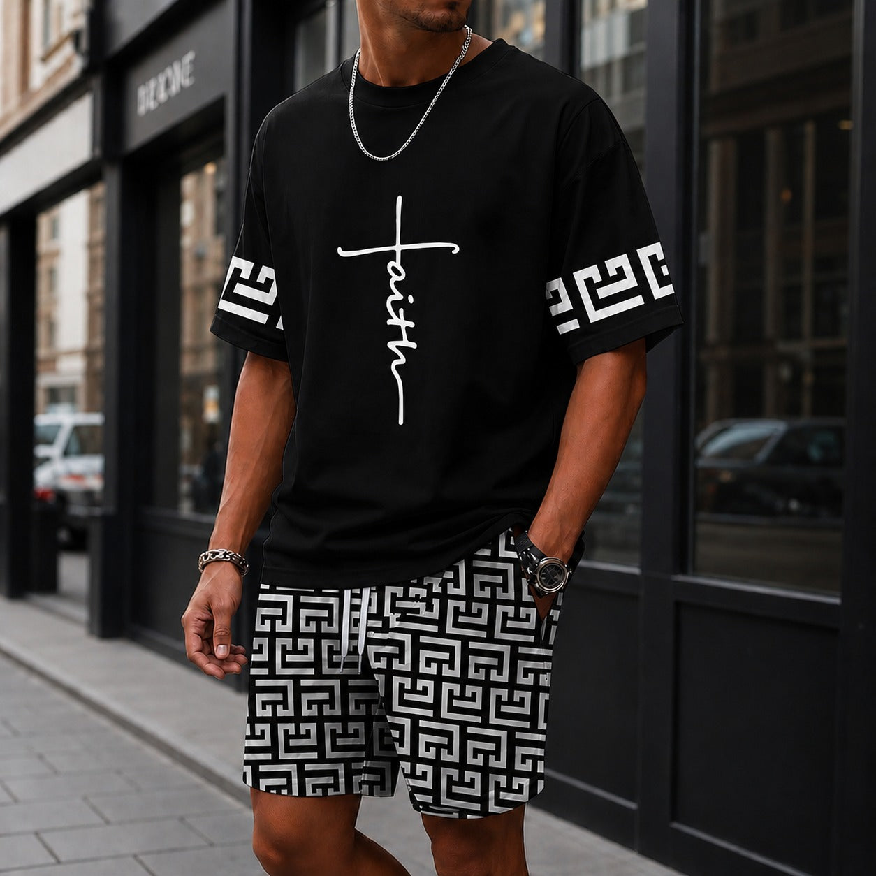Set Lucento™ with Oversized T-Shirt and Geometric Drawstring Shorts / Bold streetwear with effortless confidence.