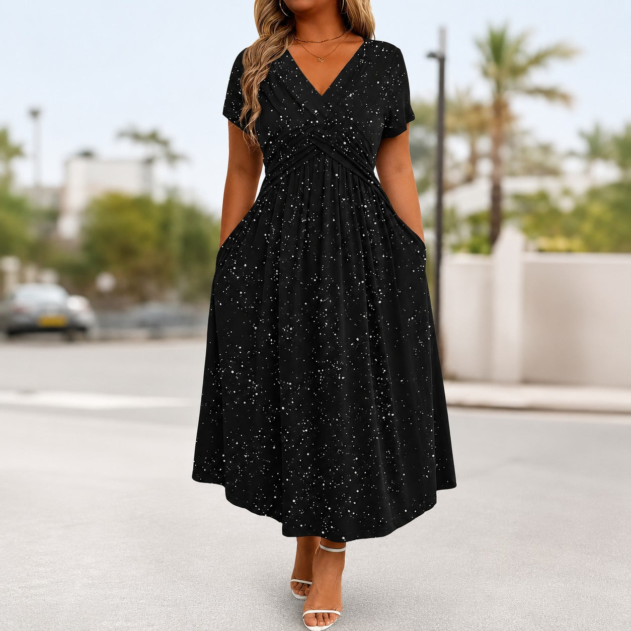 Serenna™ Dress with V-Neck, Draped Bodice and Side Pockets