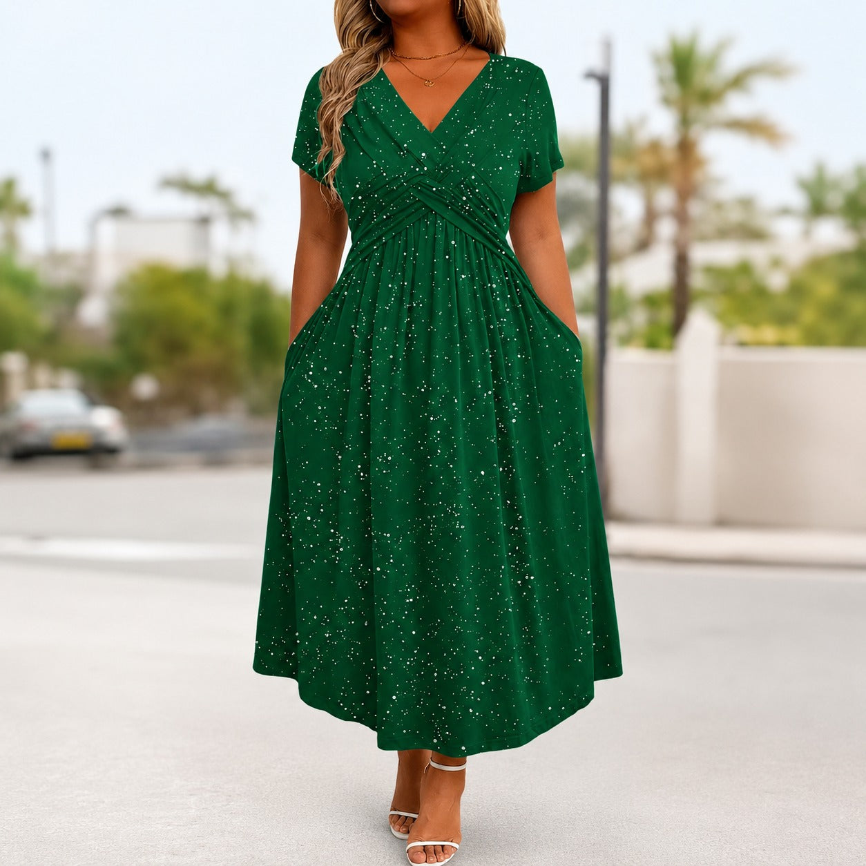 Serenna™ Dress with V-Neck, Draped Bodice and Side Pockets