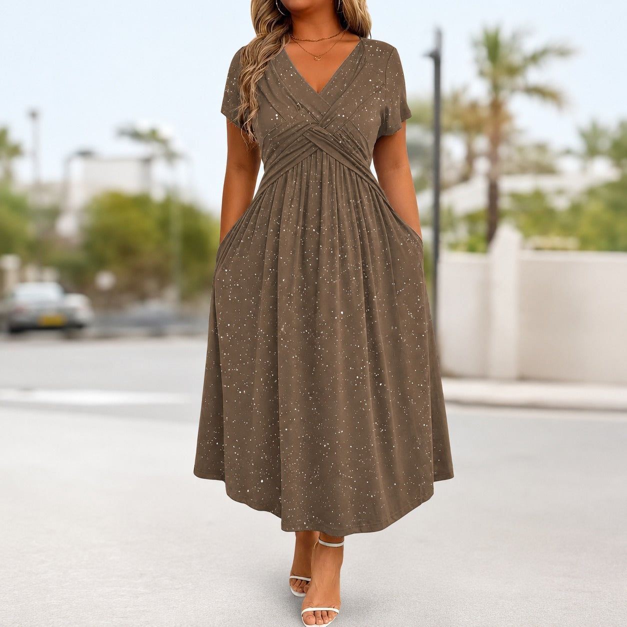 Serenna™ Dress with V-Neck, Draped Bodice and Side Pockets