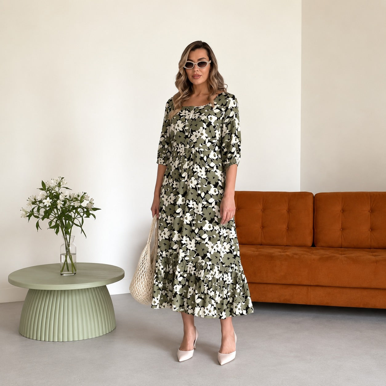 Dress Florenne™ with Square Neckline, Floral Print and Ruffle Hem